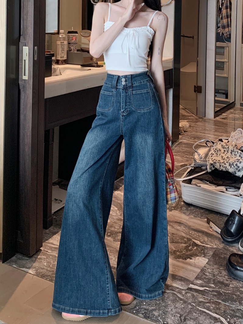 Real shot #New high waist loose jeans long pants women's wide leg pants with design 