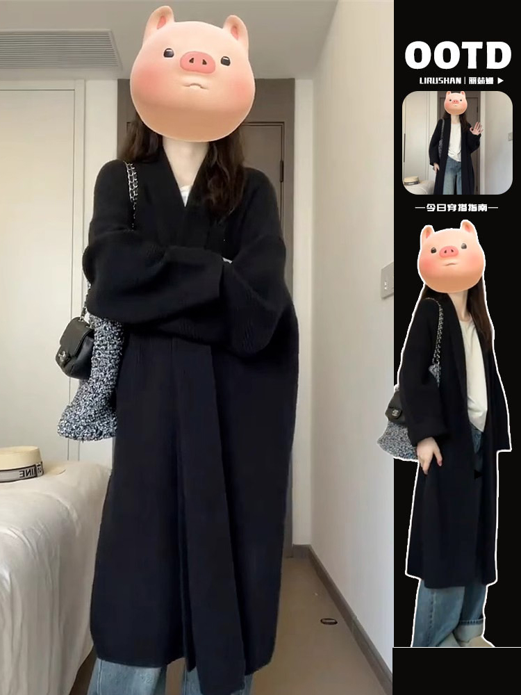 慵懶風超好看黑色毛衣外套女秋冬季新款長款穿搭針織開衫