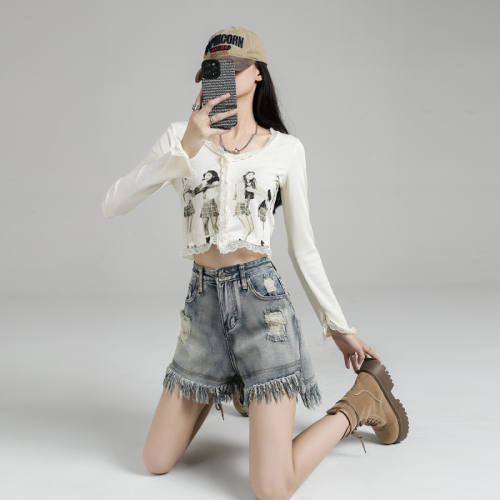 Summer distressed heavy-duty hot girl ripped rough edge loose slimming worn high waist female A-line hot denim shorts