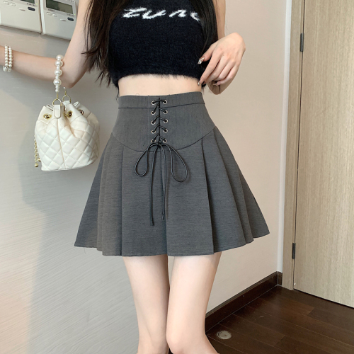 Real shot pleated skirt 2024 new summer high waist slimming A-line skirt with straps gray hottie short skirt for women