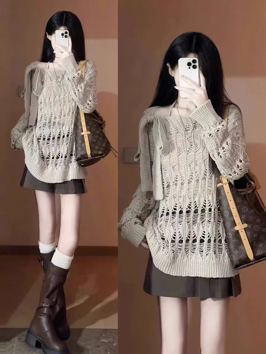 Lazy Style Sheer Hollow Knit Top for Women 2024 New Early Autumn Loose Unique Off-the-Neck Strapless Blouse