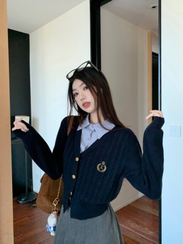 Korean college style fake two piece stitching design twist knitted cardigan sweater jacket for women