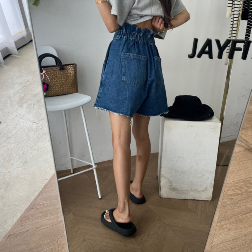 Bud lace-up pleated wide-leg raw edge denim shorts