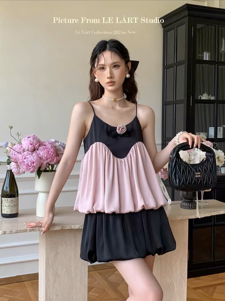 LELART 夏季法式氣質甜美玫瑰花粉色蓬蓬娃娃吊帶上衣女無袖小衫