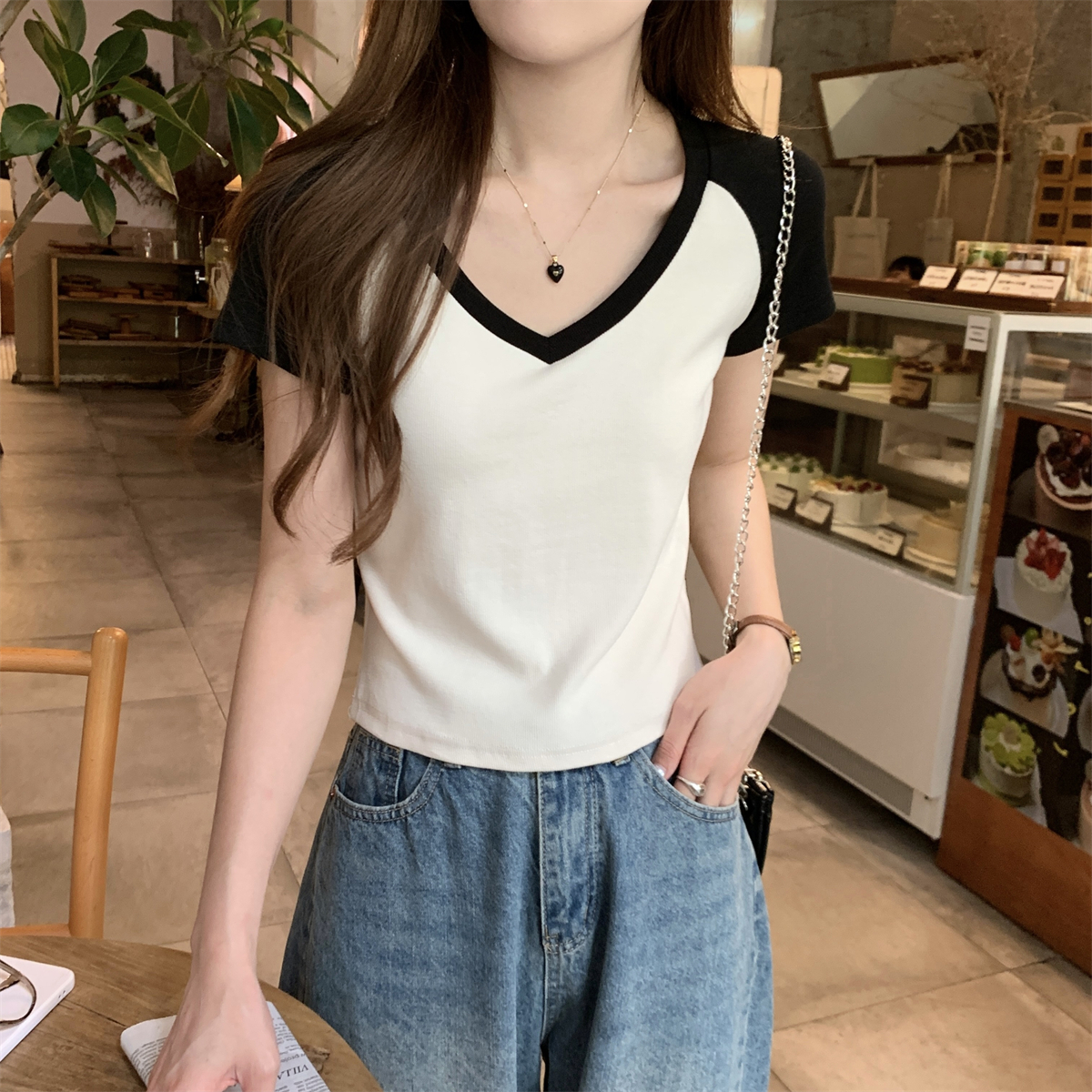 實拍 夏季韓版氣質修身V領插肩撞色百搭短袖T恤上衣女