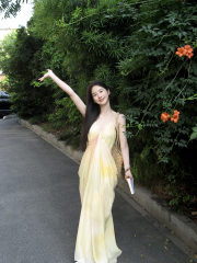 Real shot Pure desire spicy girl style high-end design sense color matching dress slimming long dress 