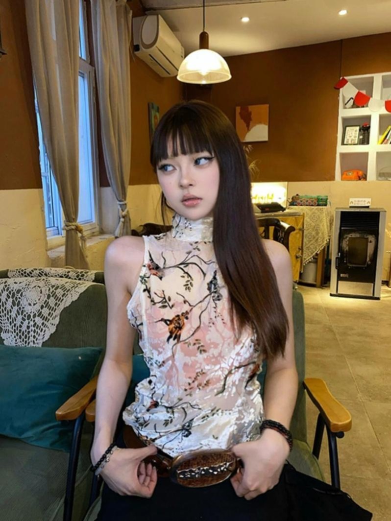 國風氣質新中式旗袍背心2024夏季花卉圖案無袖上衣女