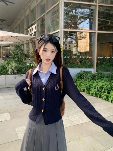 Korean college style fake two piece stitching design twist knitted cardigan sweater jacket for women