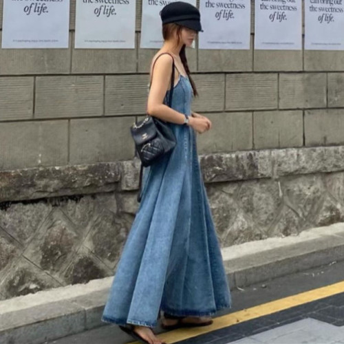 Beautiful charm suspender backless fashionable literary long denim dress