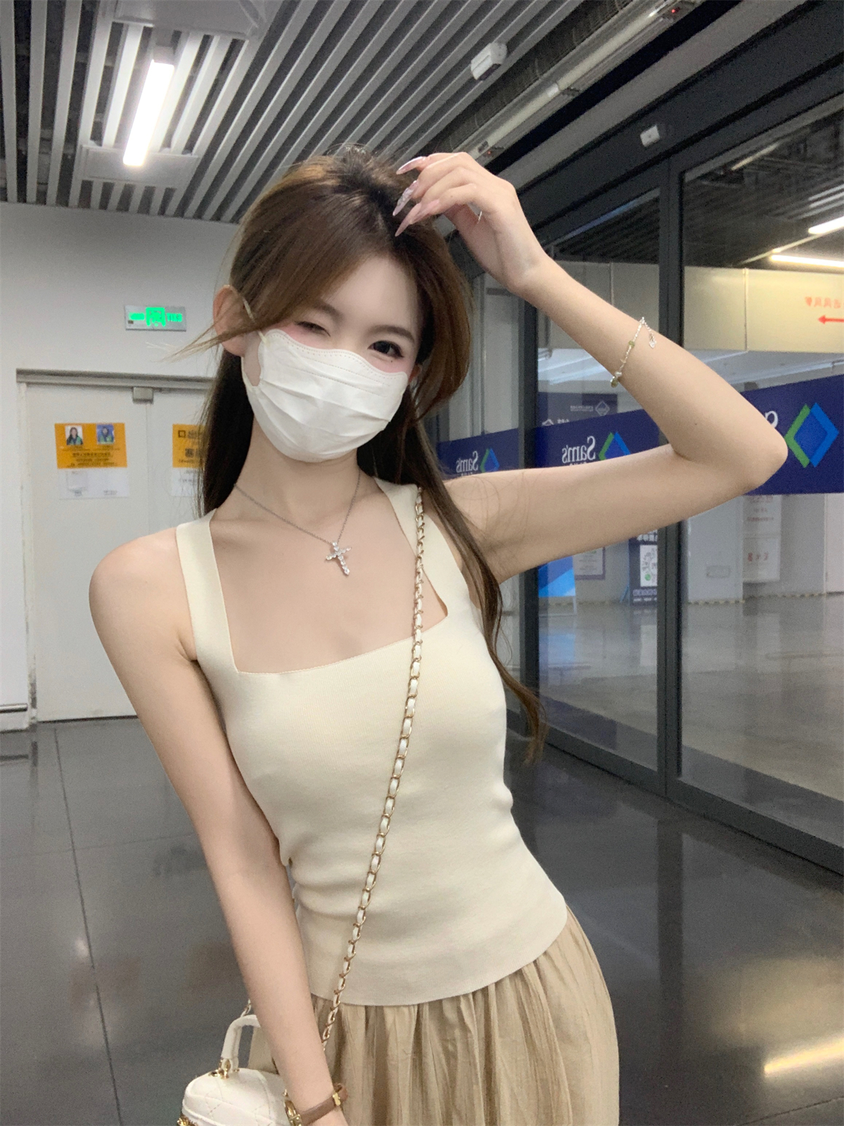 實拍 夏季韓版方領氣質溫柔純色背帶顯瘦內搭針織衫背心上衣