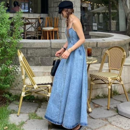 Beautiful charm suspender backless fashionable literary long denim dress