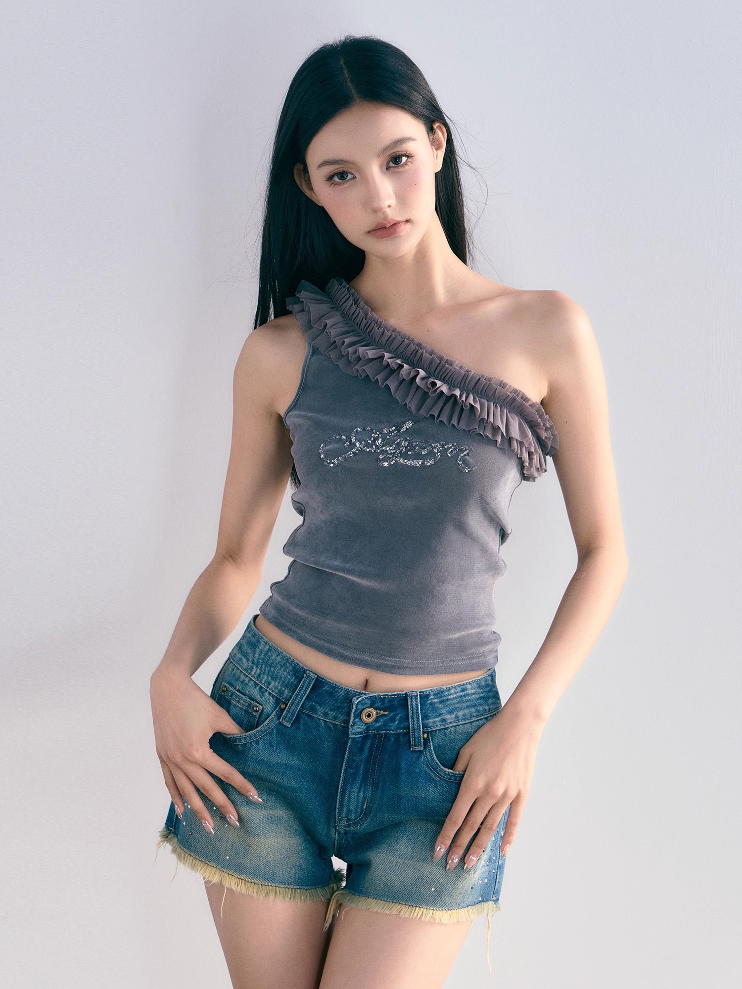 原創設計辣妹風復古蕾絲絲絨斜肩無袖背心不對稱修身上衣女