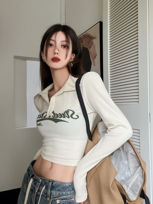American V-shaped lapel letter slim top for women in autumn slimming short T-shirt for women