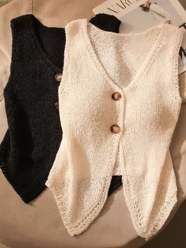 Korean-inspired petite shawl collar knit cardigan 2024 new fashion versatile split vest top for women short sleeveless jacket top