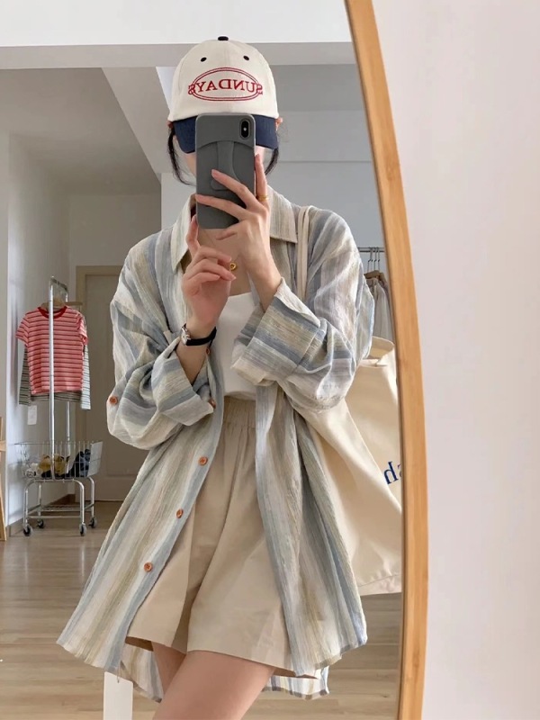 Spring and summer new sun protection shirt contrasting color vertical striped shirt retro loose slim shirt jacket