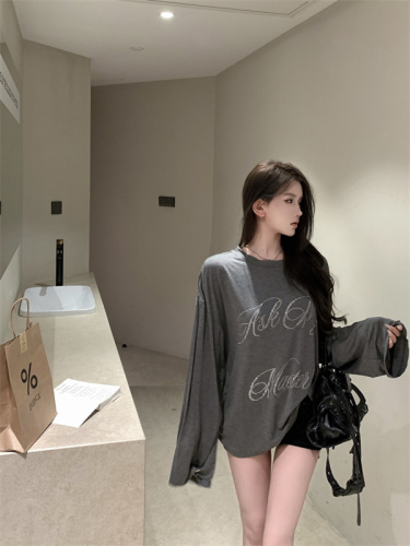 Actual shot ~ Soft waxy mulberry silk hot diamond round neck long-sleeved T-shirt for women loose and light sun protection blouse top for summer