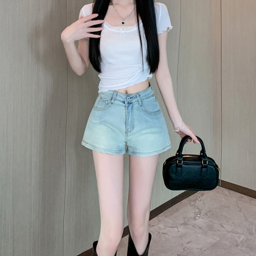 Real shot ~ Blue hip denim shorts for women, summer retro high-waisted casual straight pants, hot pants for girls