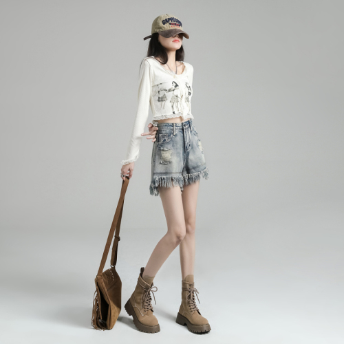 Summer distressed heavy-duty hot girl ripped rough edge loose slimming worn high waist female A-line hot denim shorts