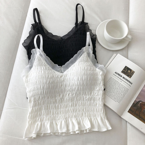 Summer Internet celebrity ice silk pleated lace beautiful back suspender for inner wear and outer wear bottoming vest soft for women