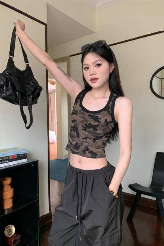 实拍 夏季美式辣妹短款迷彩背心