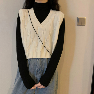 Small vest for women, sleeveless short v-neck knitted vest + elastic mid-collar long-sleeved bottoming shirt