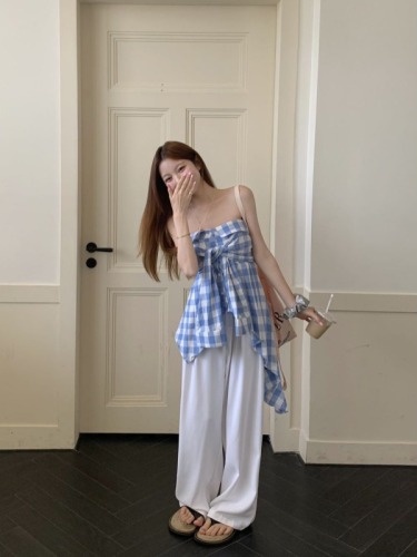 Sweet and fresh blue plaid irregular shirt for women 2024 summer new sleeveless tube top with straps