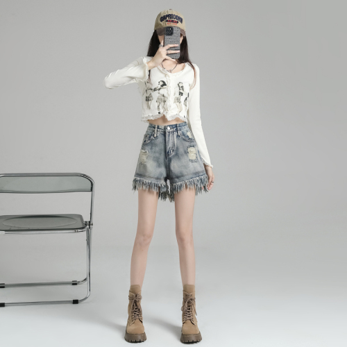 Summer distressed heavy-duty hot girl ripped rough edge loose slimming worn high waist female A-line hot denim shorts