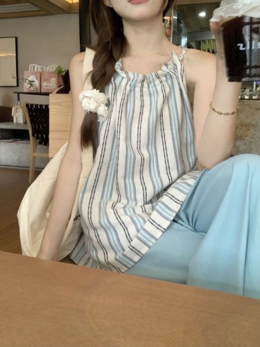 Actual shot French contrast striped halterneck vest summer loose wide-leg casual pants two-piece set