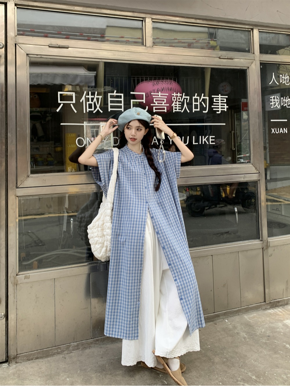 實拍~ 韓系圓領撞色格紋長款寬鬆短袖襯衫+高腰顯瘦闊腿褲