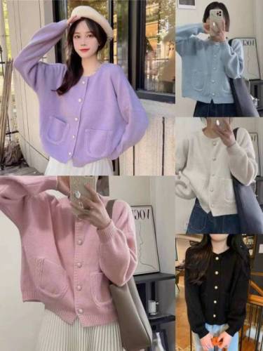 Korean autumn new style lazy style loose long-sleeved knitted cardigan for women gentle style western style sweater short coat top