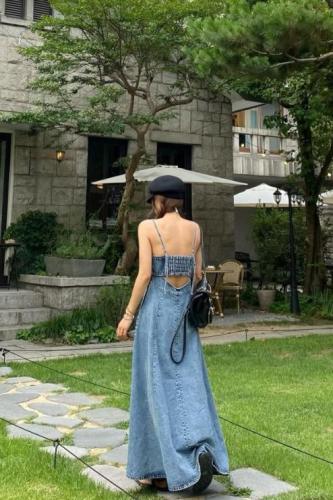 Beautiful charm suspender backless fashionable literary long denim dress