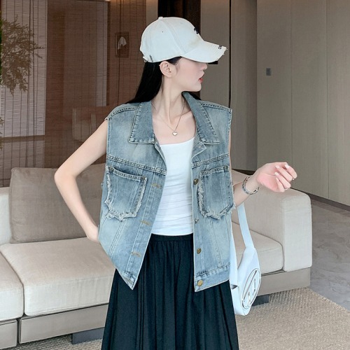 Actual shot~Fashionable raw edge denim vest jacket for women new sleeveless short vest vest vest top