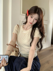 Photographed Summer Korean Version Sweet Lace Splicing Heart Hollow Design Knit Top Short Sleeve Top