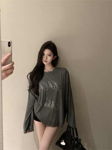 Actual shot ~ Soft waxy mulberry silk hot diamond round neck long-sleeved T-shirt for women loose and light sun protection blouse top for summer