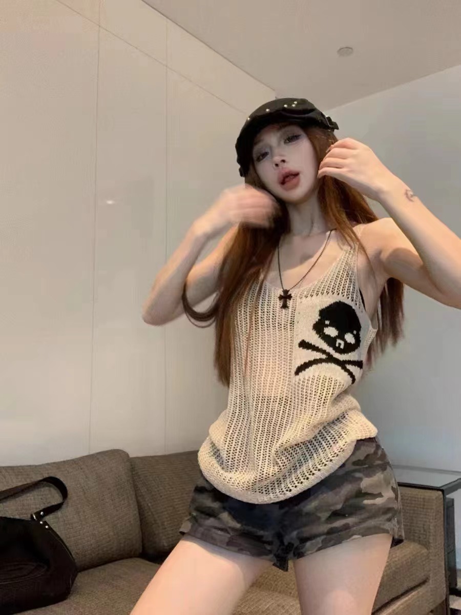 YAYA's Lace-Up Tank Top for Women - Summer Style, Retro Skull Head, Wide Shoulder Straps, Lattice V-Neck Knit Back
