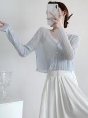 竹節麻冰絲防曬開衫女薄款配吊帶裙夏季外搭長袖v領罩衫短款上衣