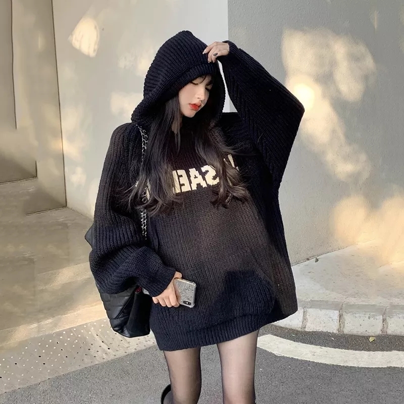 Lazy style black hooded sweater for women autumn and winter mid-length loose outer wear high-end knitted sweater top