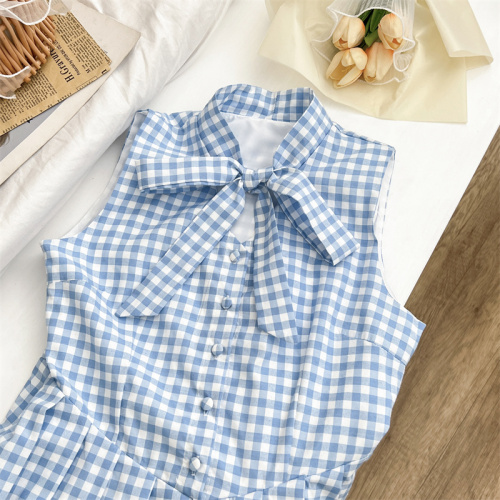 Chi San Umbrella 24/ss Midsummer Confession Blue and white plaid lace-up short sleeve top & bow dress summer