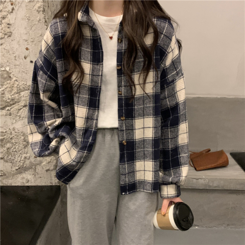 Actual shot, real price, new Korean style plaid thickened brushed loose coat plaid shirt