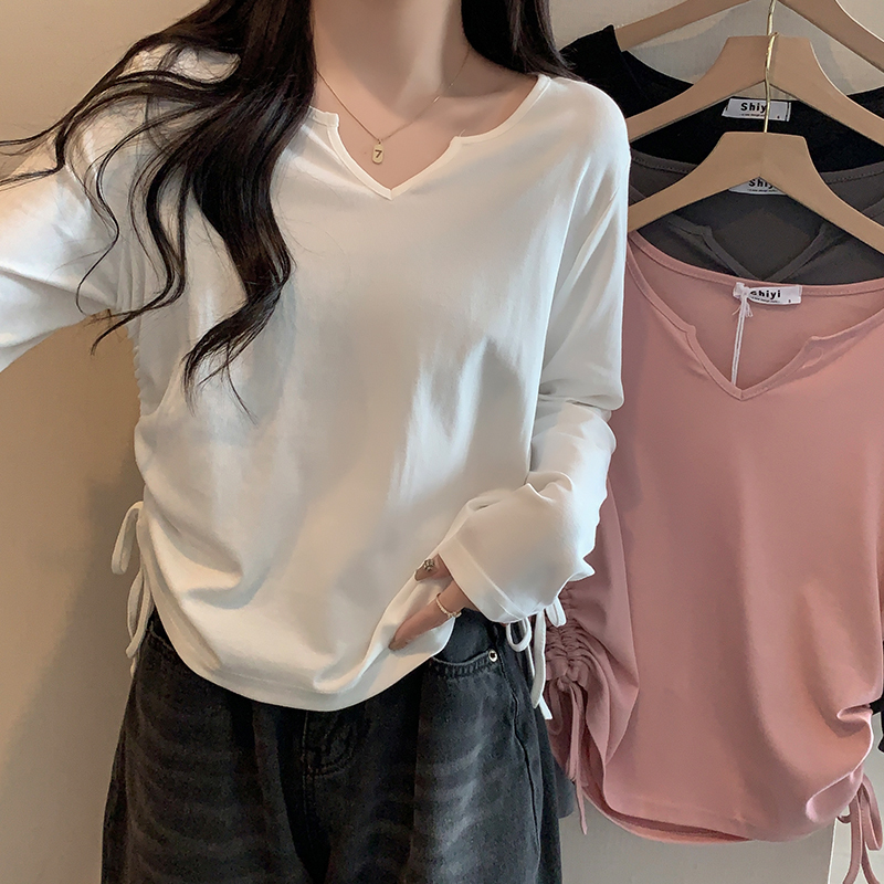Real shot of large size French V-neck clavicle long-sleeved T-shirt bottoming shirt for women in spring and autumn niche drawstring slim top