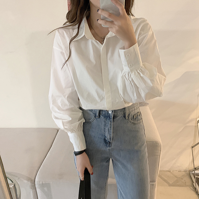 Actual shot Korean style white shirt basic style super versatile lazy style lantern sleeve bottoming shirt for women