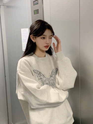 Chinese cotton composite thin 310g/plus velvet 410g autumn and winter sweatshirt for women with print