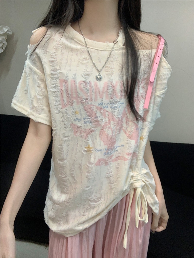 實拍 真 夏季新款女裝蝴蝶印花抽繩露肩短袖T恤女