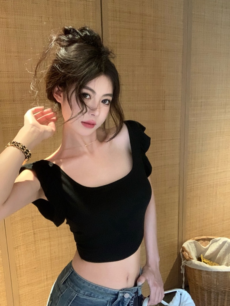 實拍夏季馥郁酒紅純欲性感辣妹風一字肩花邊飛飛袖露臍短上衣
