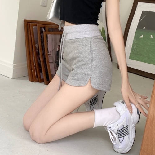 Real shot of hot girl drawstring sports shorts 2024 summer girls' sporty high-waisted versatile hip-covering A-line wide-leg pants