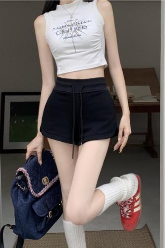 Real shot of hot girl drawstring sports shorts 2024 summer girls' sporty high-waisted versatile hip-covering A-line wide-leg pants