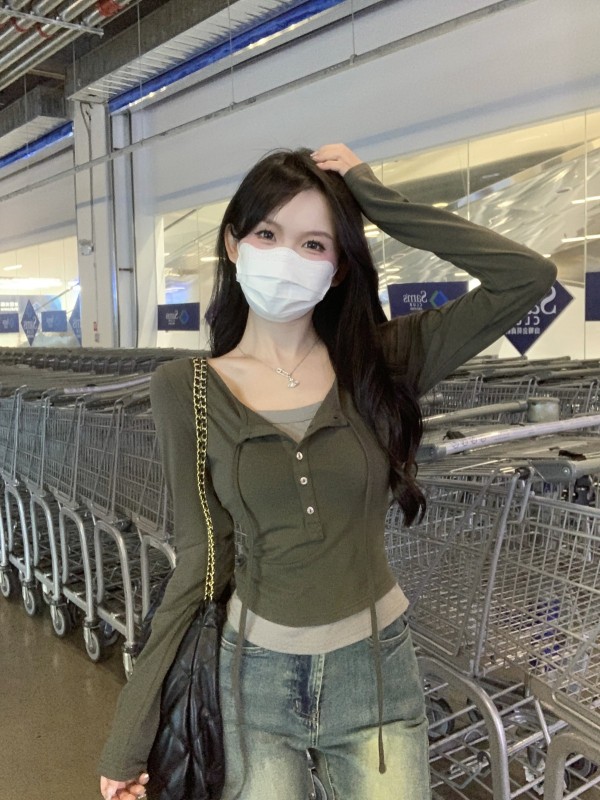 Spring Korean style slim fit contrasting fake two-piece design pure cotton inner long-sleeved women's T-shirt top