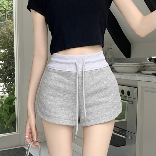 Real shot of hot girl drawstring sports shorts 2024 summer girls' sporty high-waisted versatile hip-covering A-line wide-leg pants