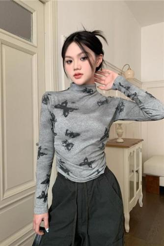 Butterfly print half turtleneck short waisted long-sleeved top