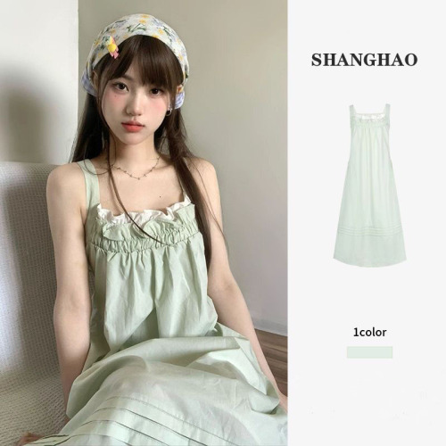 Small fresh mint milk green suspender dress for women summer fashion waist-exposed drawstring fungus-edged backless lace-up dress